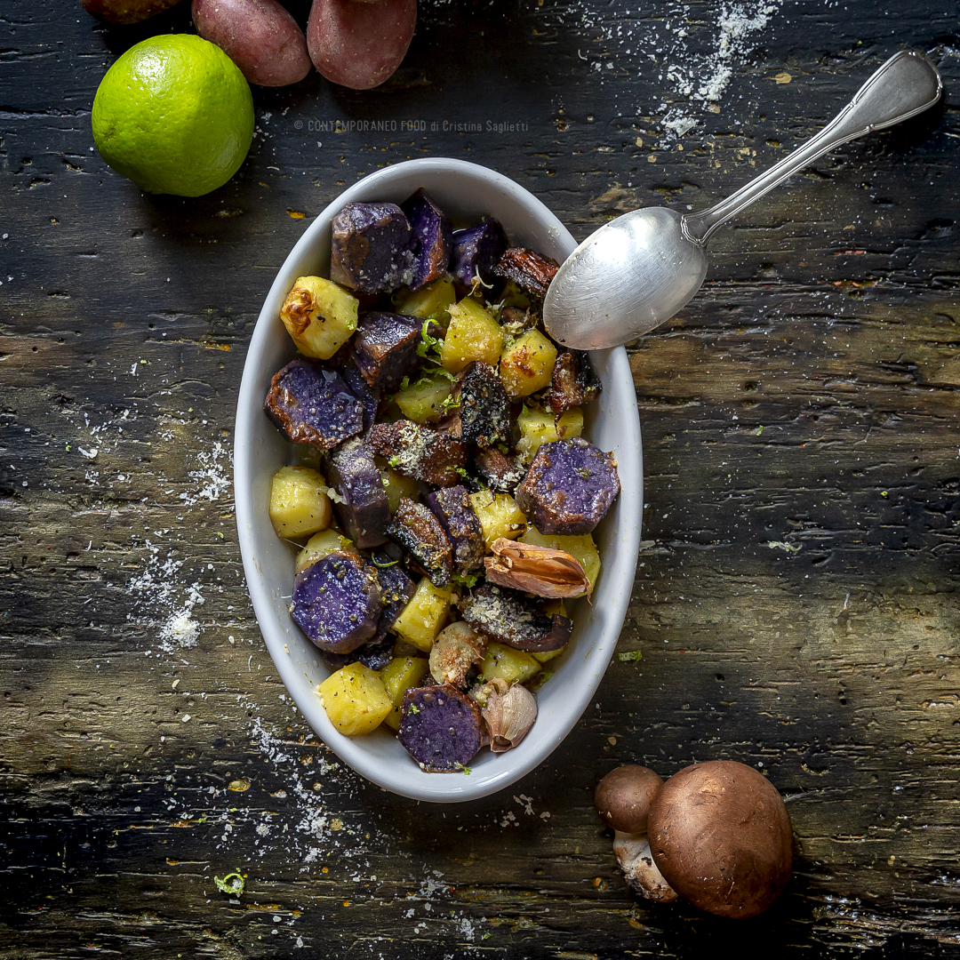 Immagine: Patate viola e rosse al forno con funghi e parmigiano al profumo di lime