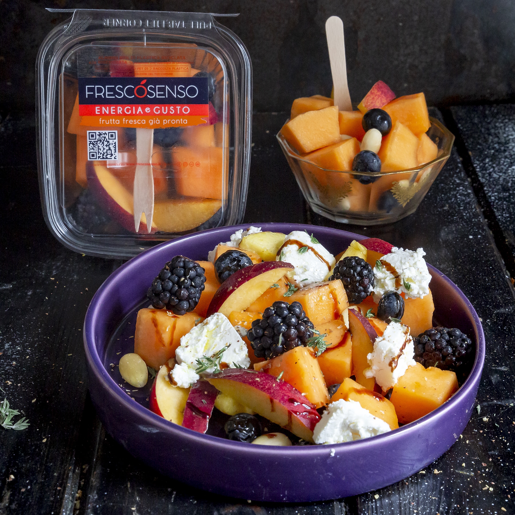 Immagine: Insalata di frutta Fresco Senso con formaggio di capra, timo ed emulsione di salsa di soia