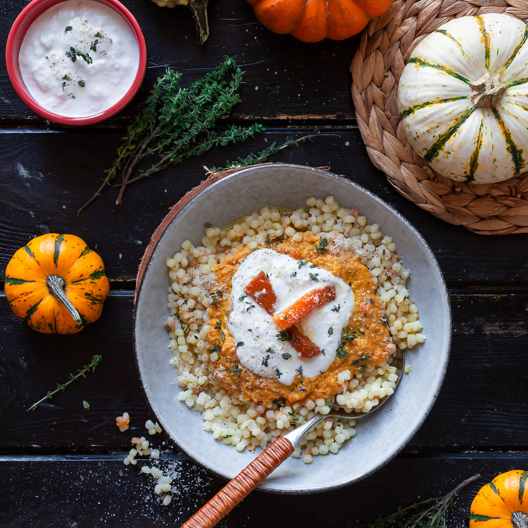 Immagine: Fregola con cremoso di zucca arrosto e stracciatella